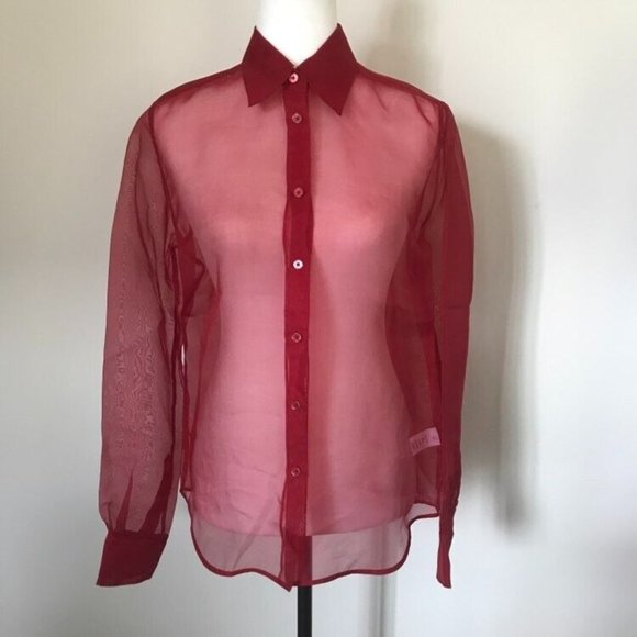 HELMUT LANG Long Sleeve Sheer Silk Organza Button Up Shirt Womens Size Small Red - Picture 1 of 10